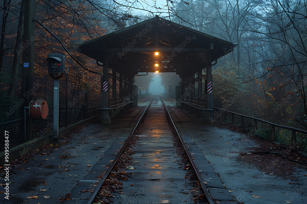 Naklejka premium a train tracks with a covered walkway