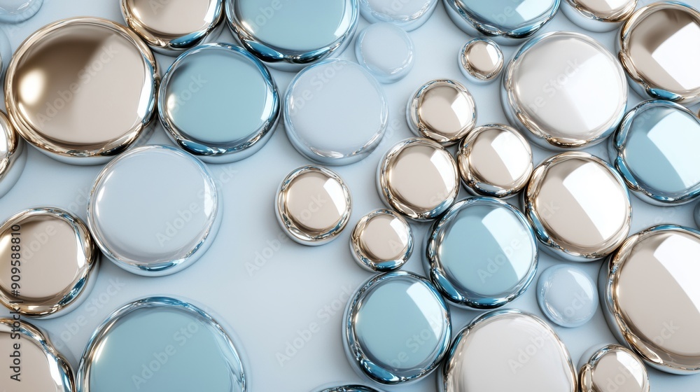 An arrangement of metallic circles in varying sizes arranged on a soft backdrop, reflecting light and creating depth An arrangement of metallic circles in varying sizes arranged on a soft backdrop, reflecting light and creating depth