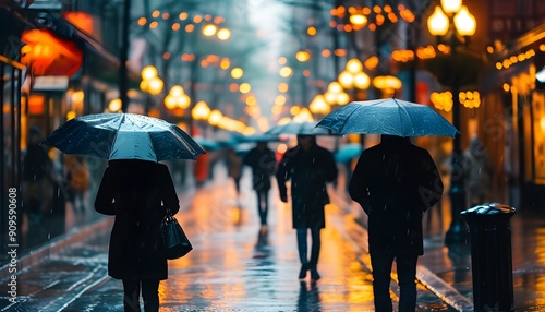 At night, pedestrians on the street held umbrellas, and the lights flashed, reflecting the wet ground.