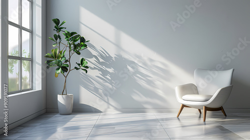 A minimalist living room with a white armchair  a potted plant  and a large window casting beautiful light and shadows onto the white wall.