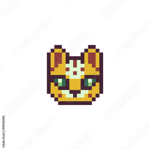 Cat head pixel art character, Cartoon animal kitty design for logo, web, mobile app, badges and patches, embroidery, 8-bit sprite. Isolated on white background vector illustration. 