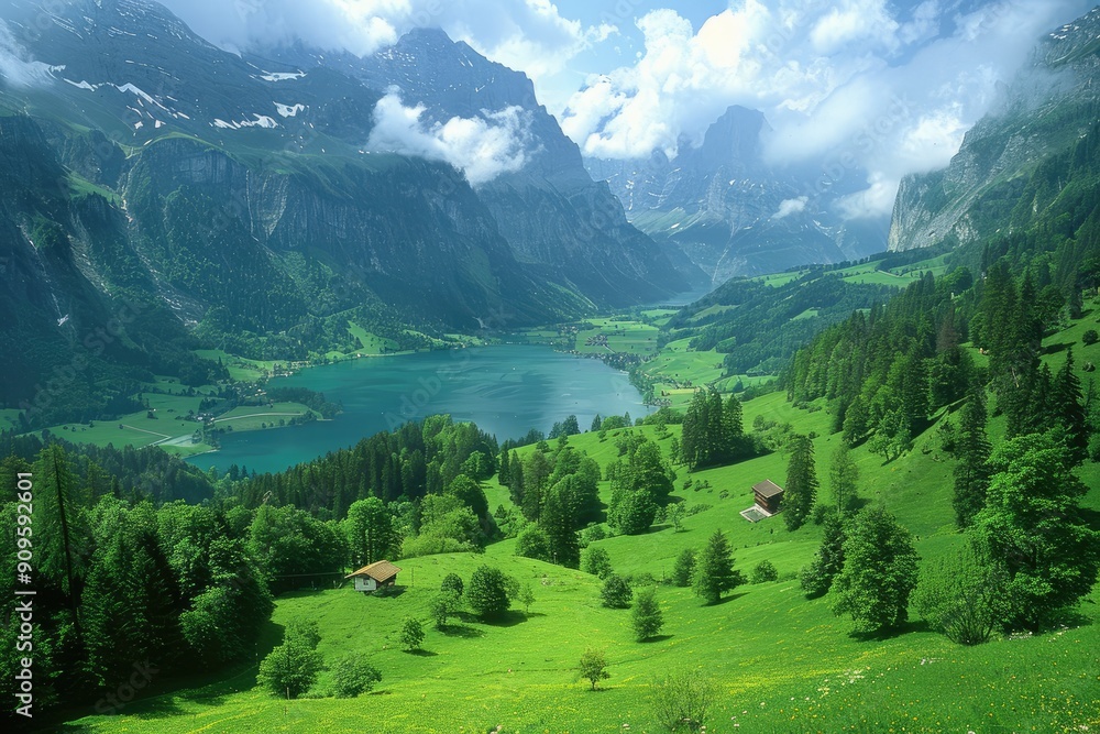 Picturesque landscape with lake, mountains, and houses Picturesque landscape with lake, mountains, and houses