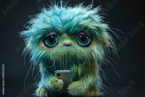 Furry creature with large eyes holding a phone