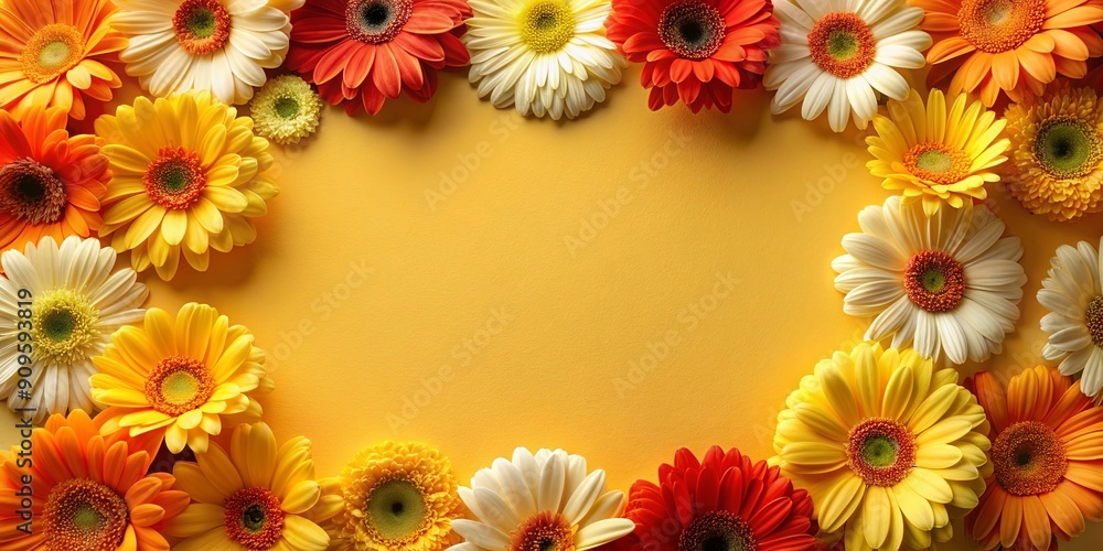 A frame of vibrant gerbera daisies in orange, yellow, and cream colors on a yellow background, gerbera daisies, flowers A frame of vibrant gerbera daisies in orange, yellow, and cream colors on a yellow background, gerbera daisies, flowers