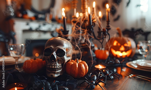 Beautiful table setting with spiders skull halloween event photo