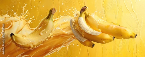 illustration of splashing banana milk on a clean background, colorful and eye-catching for advertising, ample copy space, photo