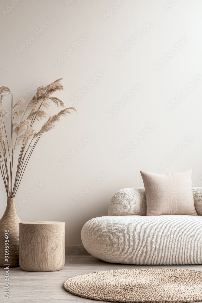 Serene minimalist interiors in warm tones with minima furniture and ornaments. Residential interior design composition with copyspace. Serene minimalist interiors in warm tones with minima furniture and ornaments. Residential interior design composition with copyspace.