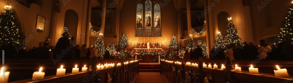 Festive Christmas Eve Church Service with Choir Singing, Families Gathered, and Beautiful Decor Festive Christmas Eve Church Service with Choir Singing, Families Gathered, and Beautiful Decor