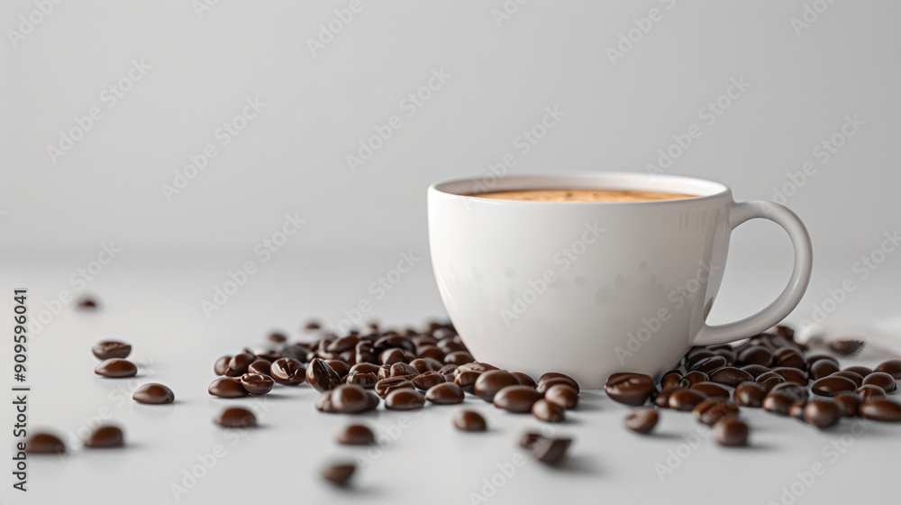 Coffee cup with steam rising, with coffee beans artfully arranged decoration, set against a white background. Morning espresso or Americano coffee for breakfast in a beautiful brown cup. Coffee cup with steam rising, with coffee beans artfully arranged decoration, set against a white background. Morning espresso or Americano coffee for breakfast in a beautiful brown cup.
