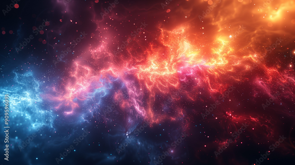 Obraz premium vibrant cosmic scene with fiery orange and blue particle clouds creating a dynamic and energetic abstract space background