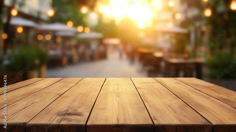 Wooden Tabletop with Blurry Outdoor Cafe Background Wooden Tabletop with Blurry Outdoor Cafe Background