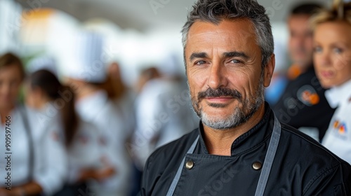 Professional Chef Posing Confidently at Culinary Event With Enthusiastic Team Members Nearby