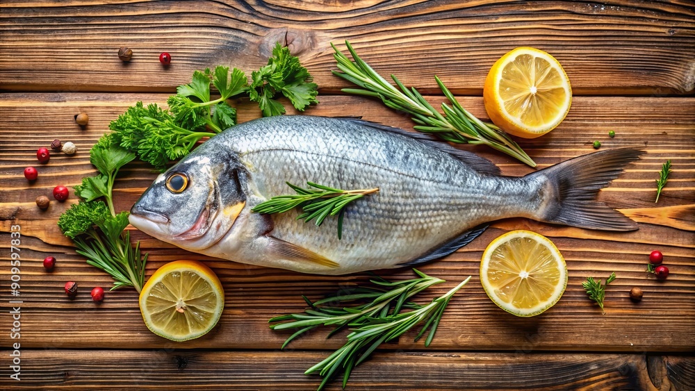 Fresh raw bream fish laid out with fresh herbs on a wooden table, bream, fish, raw, fresh, herbs, cooking, seafood Fresh raw bream fish laid out with fresh herbs on a wooden table, bream, fish, raw, fresh, herbs, cooking, seafood