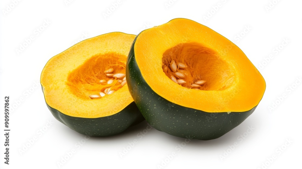 Halved acorn squash, vibrant orange flesh with seeds visible inside, contrasting with its dark green rind. Isolated on a pristine white background Halved acorn squash, vibrant orange flesh with seeds visible inside, contrasting with its dark green rind. Isolated on a pristine white background