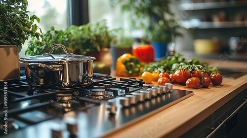 Stainless Steel Pot on a Gas Stovetop in a Modern Kitchen