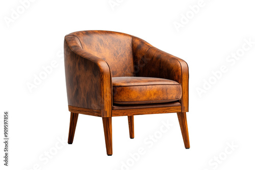 Brown leather armchair with wooden legs