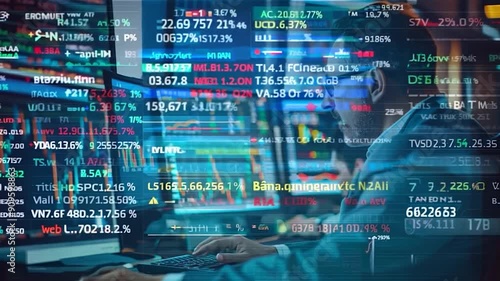 A financial analyst reviews extensive market data on several screens, focusing on stock prices and financial statistics in a contemporary office setting