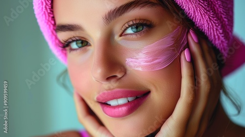 Woman Applying Pink Skincare Mask While Relaxing at Home During Morning Routine