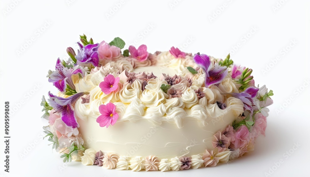 White Cake Decorated with Pink and Purple Flowers White Cake Decorated with Pink and Purple Flowers