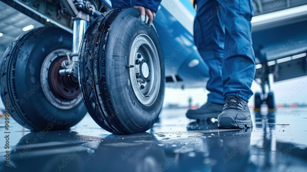 Fototapeta premium Aviation maintenance technician inspecting aircraft landing gear on an airport tarmac