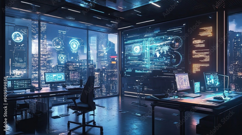 Futuristic Office with Cityscape View and Digital Displays Futuristic Office with Cityscape View and Digital Displays