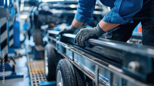 Body shop mechanic aligning car frames on a frame straightening machine