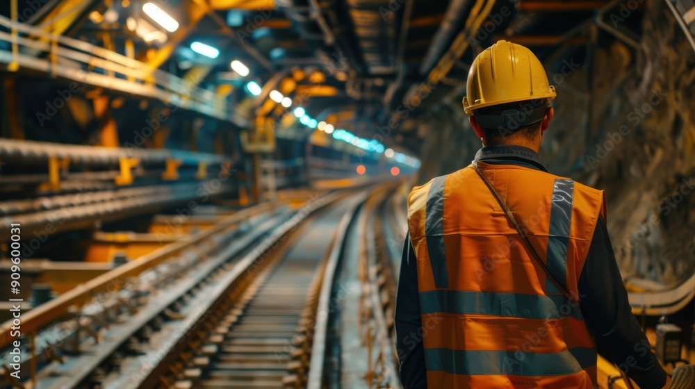 Mechanic inspecting conveyor belts of a mining conveyor system underground Mechanic inspecting conveyor belts of a mining conveyor system underground