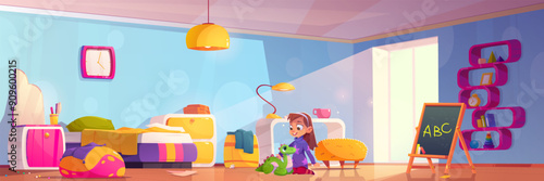 Little girl playing with toys in bedroom. Vector cartoon illustration of happy child character sitting on floor with cute dino, room furnished with bed, desk, mirror, drawer, books on shelf, sunlight