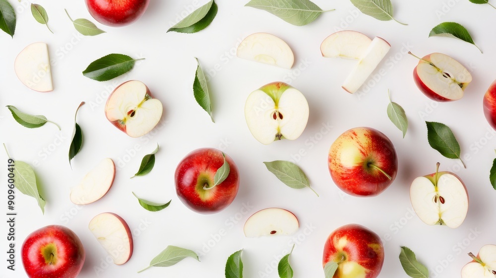 An assortment of apple slices and halves, artistically scattered on a white backdrop. The mix of colors and shapes emphasizes freshness and variety An assortment of apple slices and halves, artistically scattered on a white backdrop. The mix of colors and shapes emphasizes freshness and variety