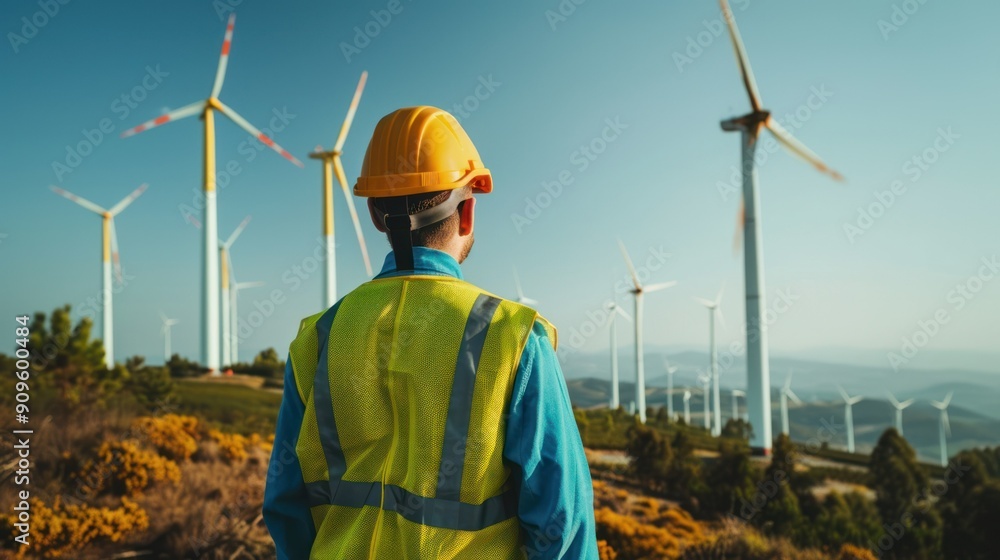 Portrait of a wind turbine technician in safety gear, with a wind farm in the background Portrait of a wind turbine technician in safety gear, with a wind farm in the background