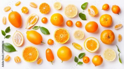 An assortment of kumquats, including whole fruits, halves, and slices. All displayed on a white background to emphasize their vibrant and fresh quality