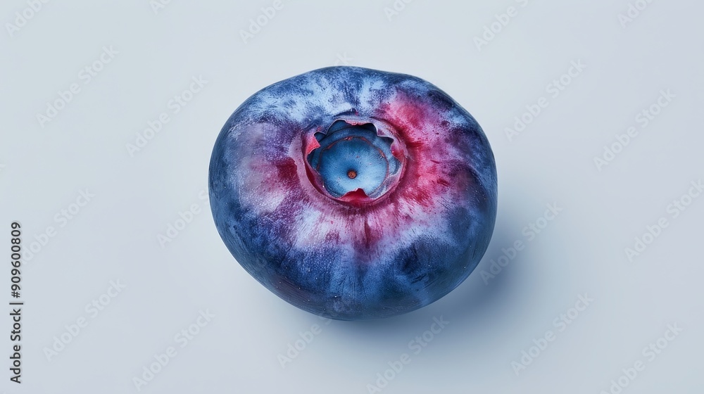 An isolated blueberry half showcasing the vibrant blue skin and contrasting red-purple interior. Minimalist white backdrop highlights the berry's details An isolated blueberry half showcasing the vibrant blue skin and contrasting red-purple interior. Minimalist white backdrop highlights the berry's details