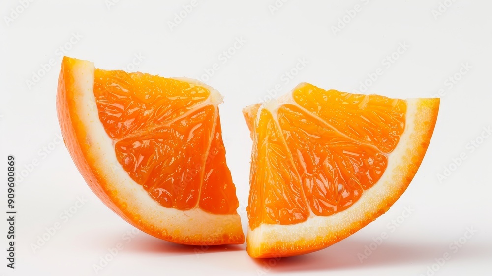 An orange split into perfect quarters, with each piece displaying the plump, juicy segments. A pure white background enhances the fresh, vibrant look An orange split into perfect quarters, with each piece displaying the plump, juicy segments. A pure white background enhances the fresh, vibrant look