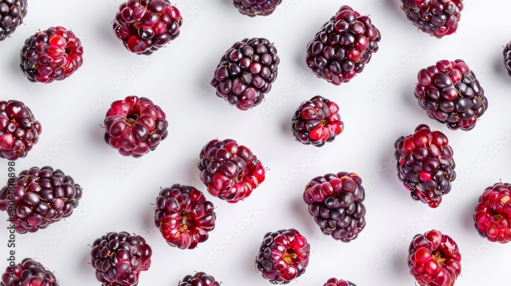 Artistic arrangement of mulberry halves, highlighting their juicy core and seeds. The bright red and purple tones stand out against a white backdrop Artistic arrangement of mulberry halves, highlighting their juicy core and seeds. The bright red and purple tones stand out against a white backdrop