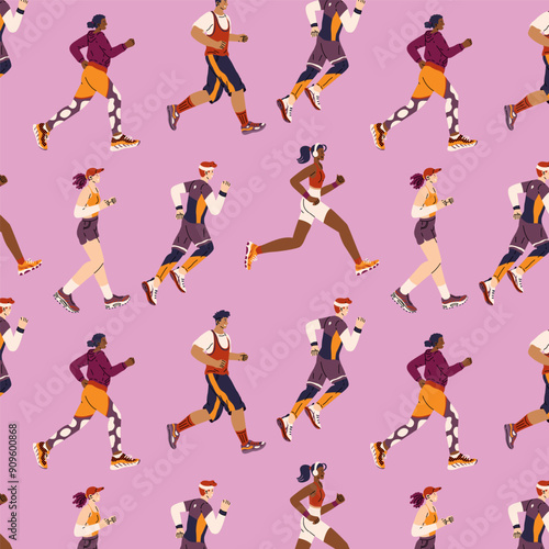 Seamless pattern with people in sportswear jogging. Happy and fulfilling life. Sports marathon running. Daily activity and healthy lifestyle. Vector illustration isolated on transparent background.