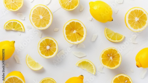 An overhead view of a lemon cut into halves and thin slices, spread out on a smooth white surface. The juicy and fresh texture is emphasized