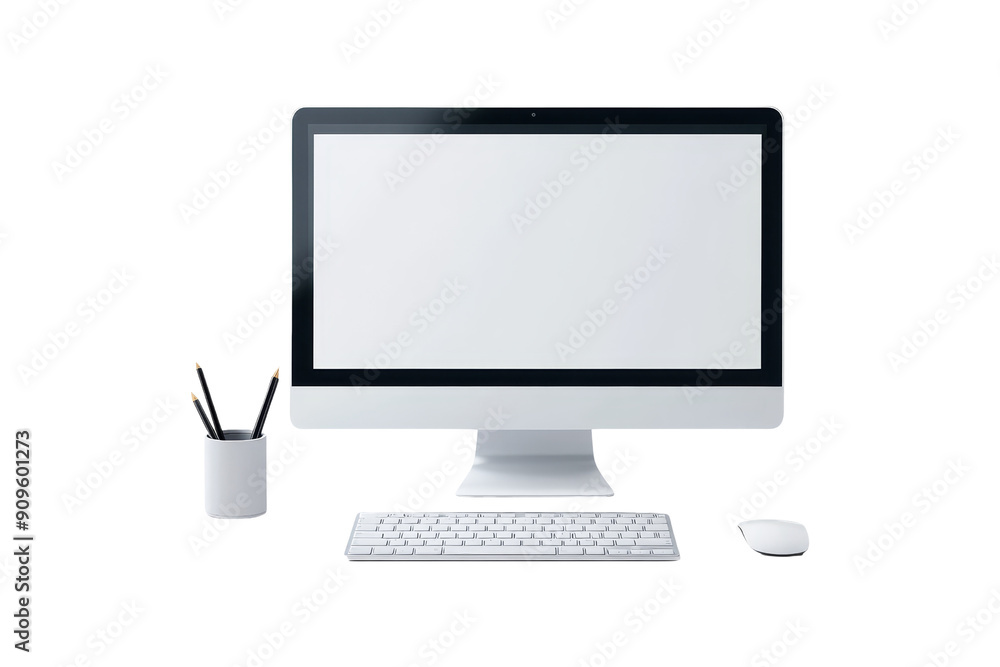 Modern Computer Workspace with White Desktop and Pencil Holder Modern Computer Workspace with White Desktop and Pencil Holder