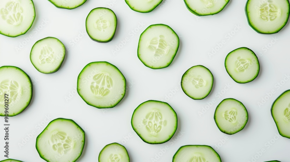 Artistic composition of cucumber halves and circular slices, arranged symmetrically. The freshness and texture are emphasized against a pure white background Artistic composition of cucumber halves and circular slices, arranged symmetrically. The freshness and texture are emphasized against a pure white background