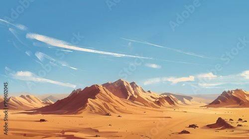 Arid desert landscape with towering sand dunes and a cloudless sky