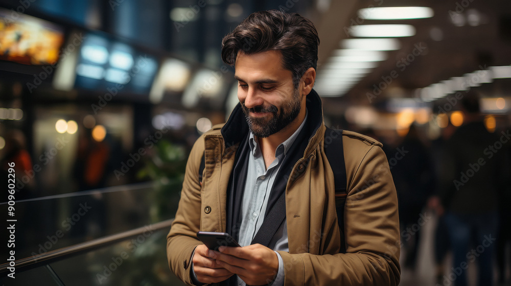 Handsome indian Man using a mobile phone at travel time In Airport Handsome indian Man using a mobile phone at travel time In Airport
