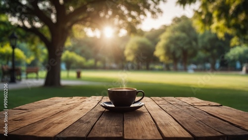 table wood for coffee product, Empty wooden table and sack tablecloth over blur park, garden outdoor with bokeh light background. photo