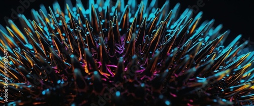 Close-up view of ferrofluid spikes illuminated by neon light, showcasing magnetic properties. photo