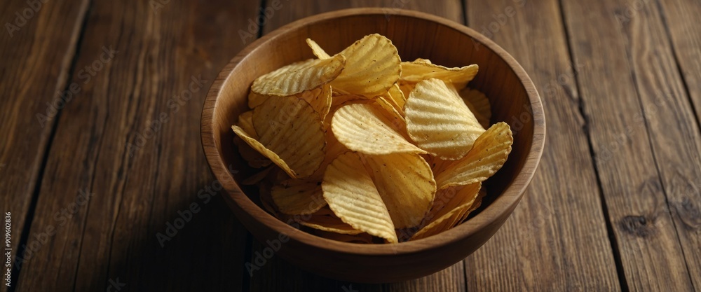 Corrugated golden potato chips in a wooden bowl on rustic wooden table Top view with Empty space for text , soft light, close up, macro. Corrugated golden potato chips in a wooden bowl on rustic wooden table Top view with Empty space for text , soft light, close up, macro.