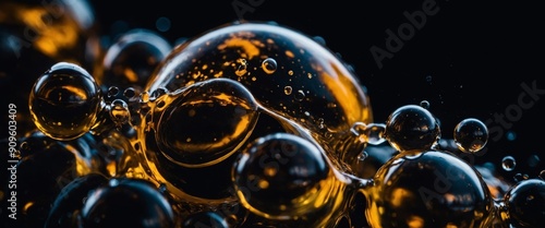 Smudged liquid serum with bubbles on a black background, representing crude oil. photo