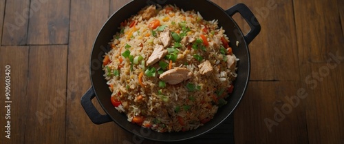 Fried rice with chicken Prepared and served in a wok Natural wood in the background Top view. photo