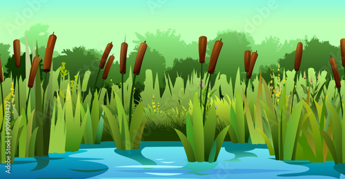 Landscape with reeds. River bank. Coastal plants. Thickets of wild shoots.