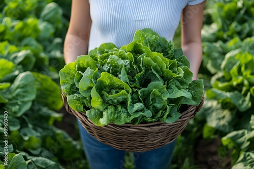 Female hands holding a wicker basket with lettuce in the garden