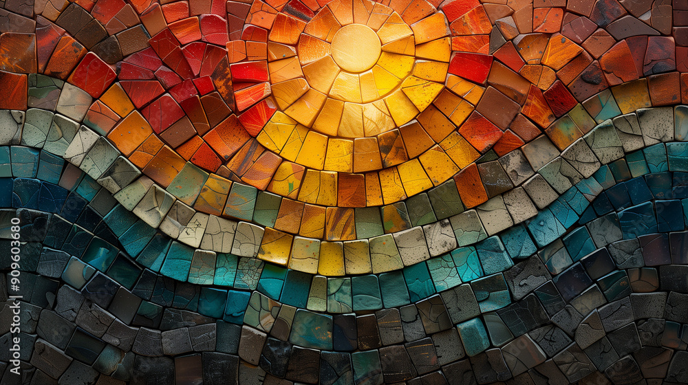 vibrant mosaic with warm tones and intricate patterns depicting a sunburst over waves vibrant mosaic with warm tones and intricate patterns depicting a sunburst over waves