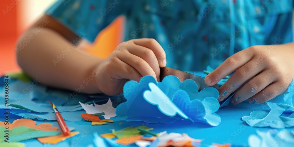 Child cutting a cloud shape from blue paper Nature themed collage art lesson in kindergarten Child cutting a cloud shape from blue paper Nature themed collage art lesson in kindergarten