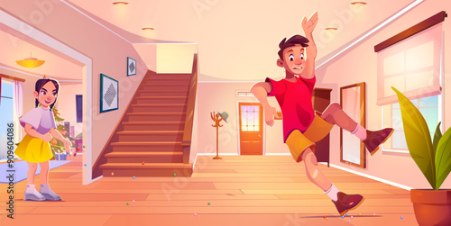 Teen girl committed bad deed scattering little balls on floor while guy walking or running and falling down slipping on spilled spheres. Cartoon vector evil act of kid in home hall room interior.
